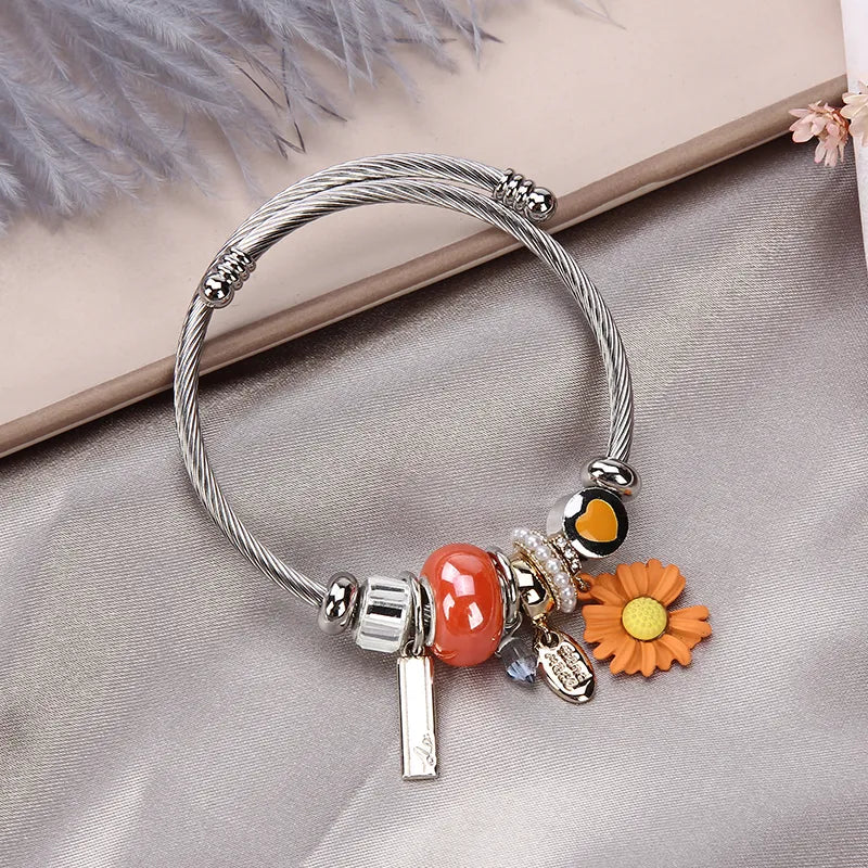 Women Stainless Steel Evil Eye Flower Charms Bracelets Wire Cable Rhinestones Open Adjustable Cuff Bangle Jewelry