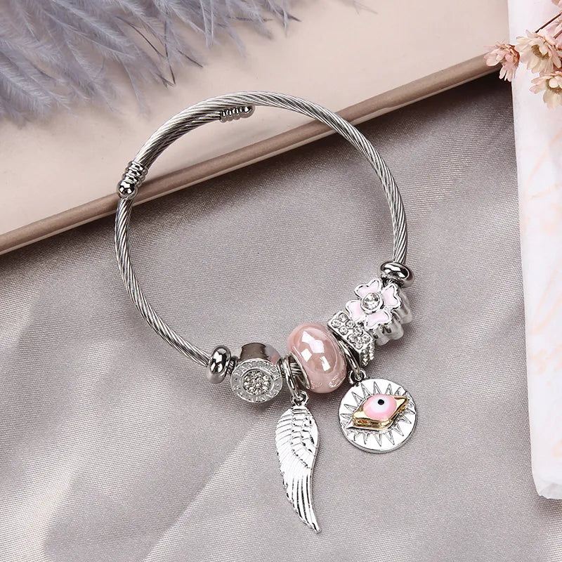 Women Stainless Steel Evil Eye Flower Charms Bracelets Wire Cable Rhinestones Open Adjustable Cuff Bangle Jewelry