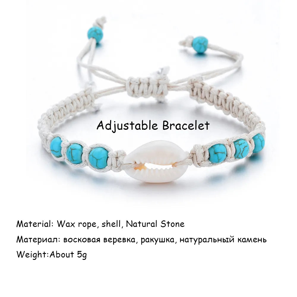 Natural Stone Shell Starfish Bracelets Braided Adjustable Rope Chain Bracelet Anklet Wristband Handmade Holiday Beach Jewelry