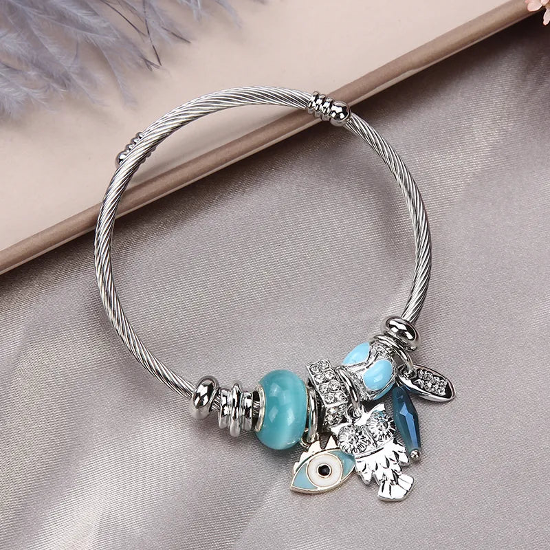 Women Stainless Steel Evil Eye Flower Charms Bracelets Wire Cable Rhinestones Open Adjustable Cuff Bangle Jewelry