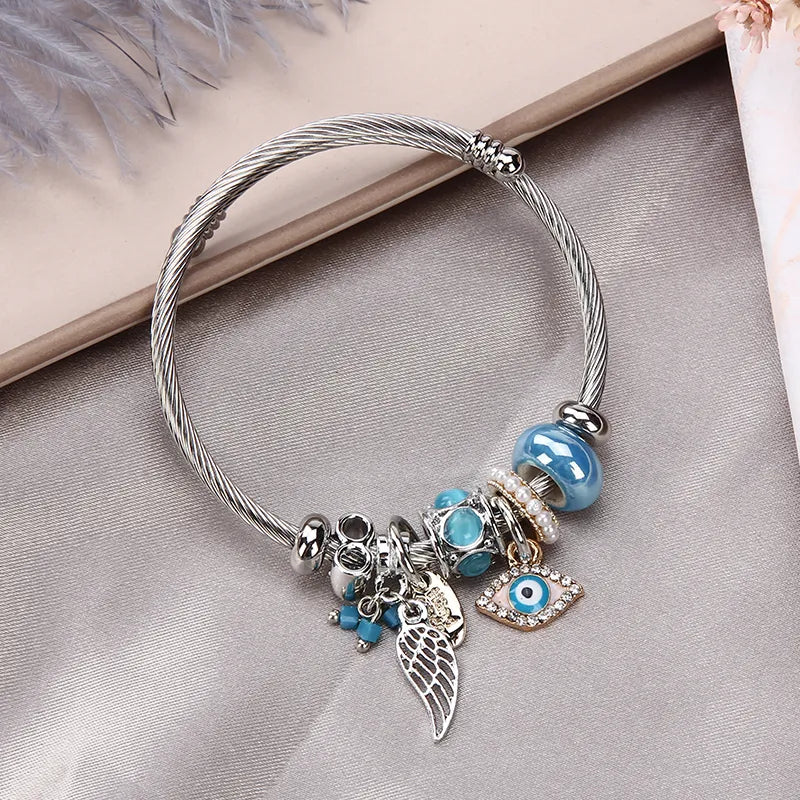 Women Stainless Steel Evil Eye Flower Charms Bracelets Wire Cable Rhinestones Open Adjustable Cuff Bangle Jewelry