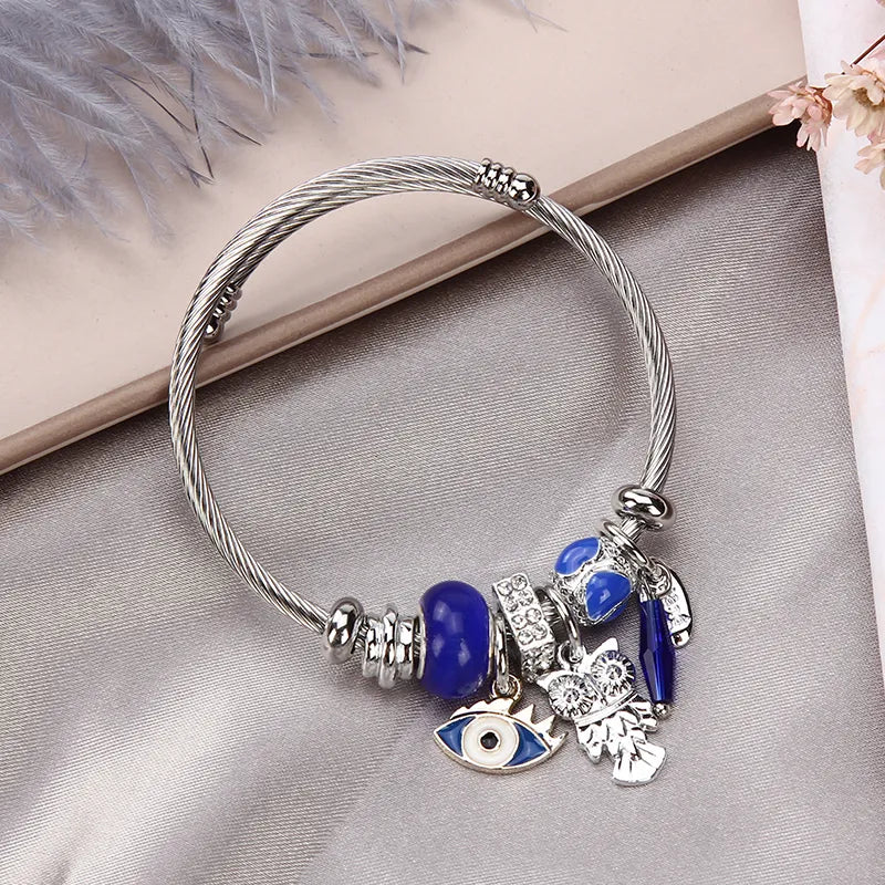 Women Stainless Steel Evil Eye Flower Charms Bracelets Wire Cable Rhinestones Open Adjustable Cuff Bangle Jewelry