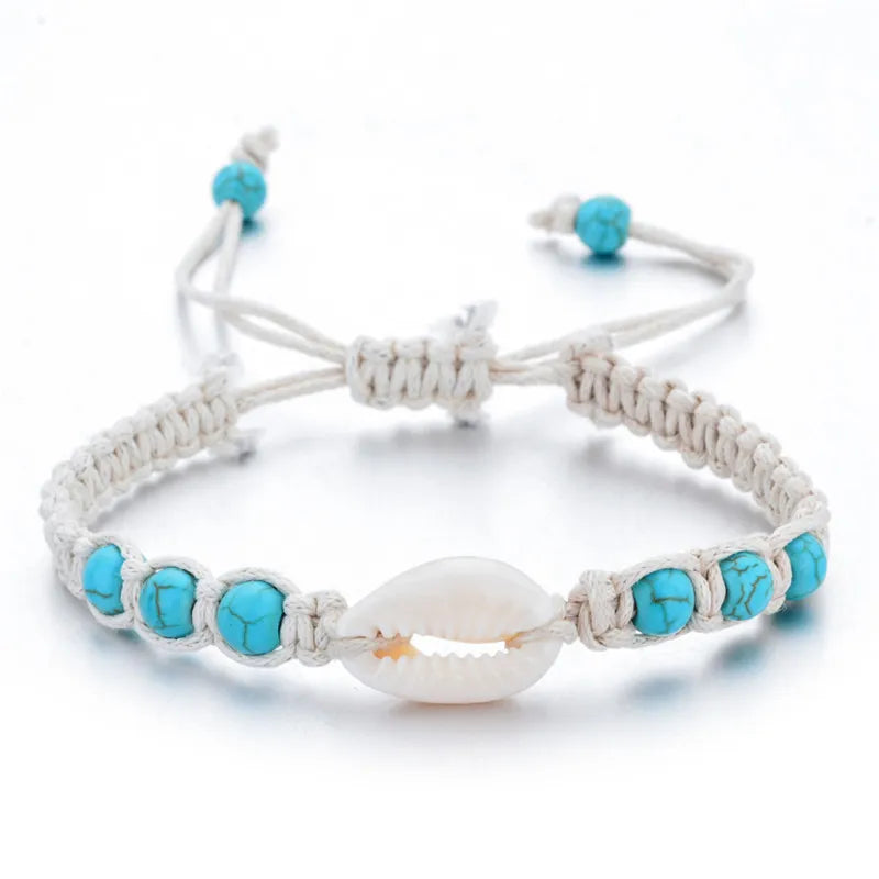 Natural Stone Shell Starfish Bracelets Braided Adjustable Rope Chain Bracelet Anklet Wristband Handmade Holiday Beach Jewelry