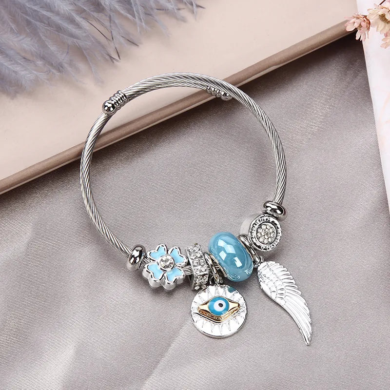 Women Stainless Steel Evil Eye Flower Charms Bracelets Wire Cable Rhinestones Open Adjustable Cuff Bangle Jewelry