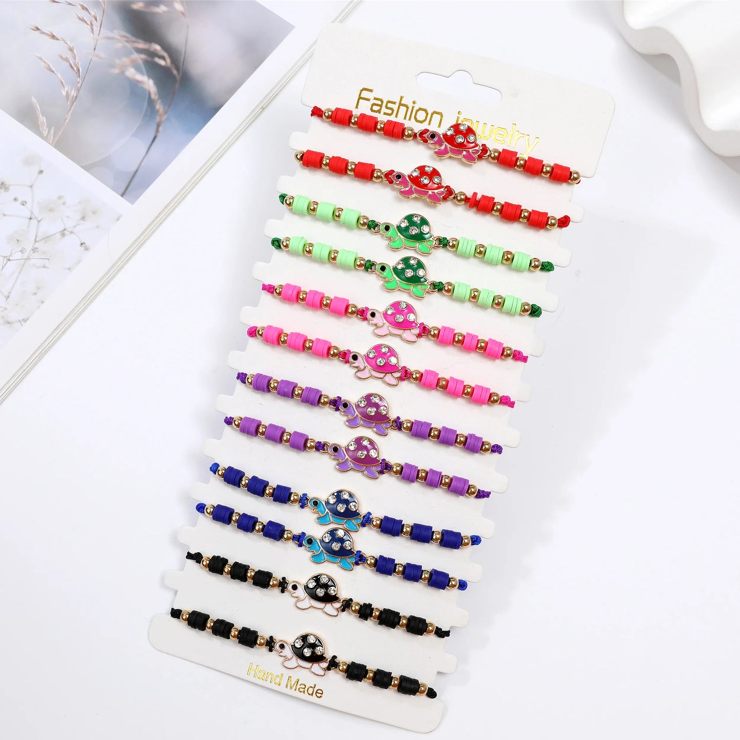 12pc/lot Handmade Woven Rope Chain Turtle Bracelet Colored Polymer Clay Tablets Adjustable Bracelets for Girls Cuff Jewelry