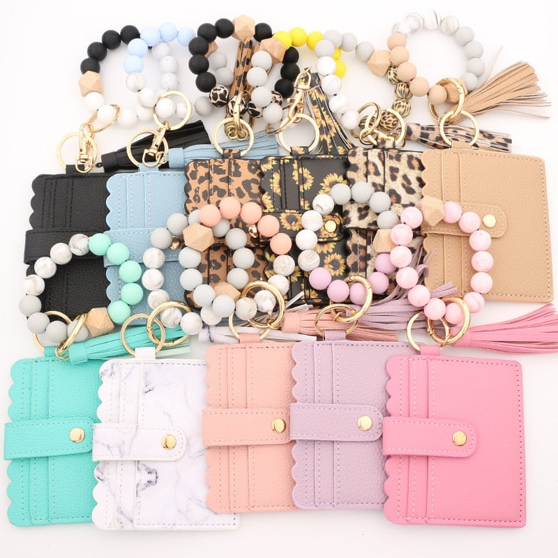 Fashion Silicone Beads Tassel Bracelet Wristlet Bangle with Wallet Key Card Holder Large Round Keyring for Women Handbag