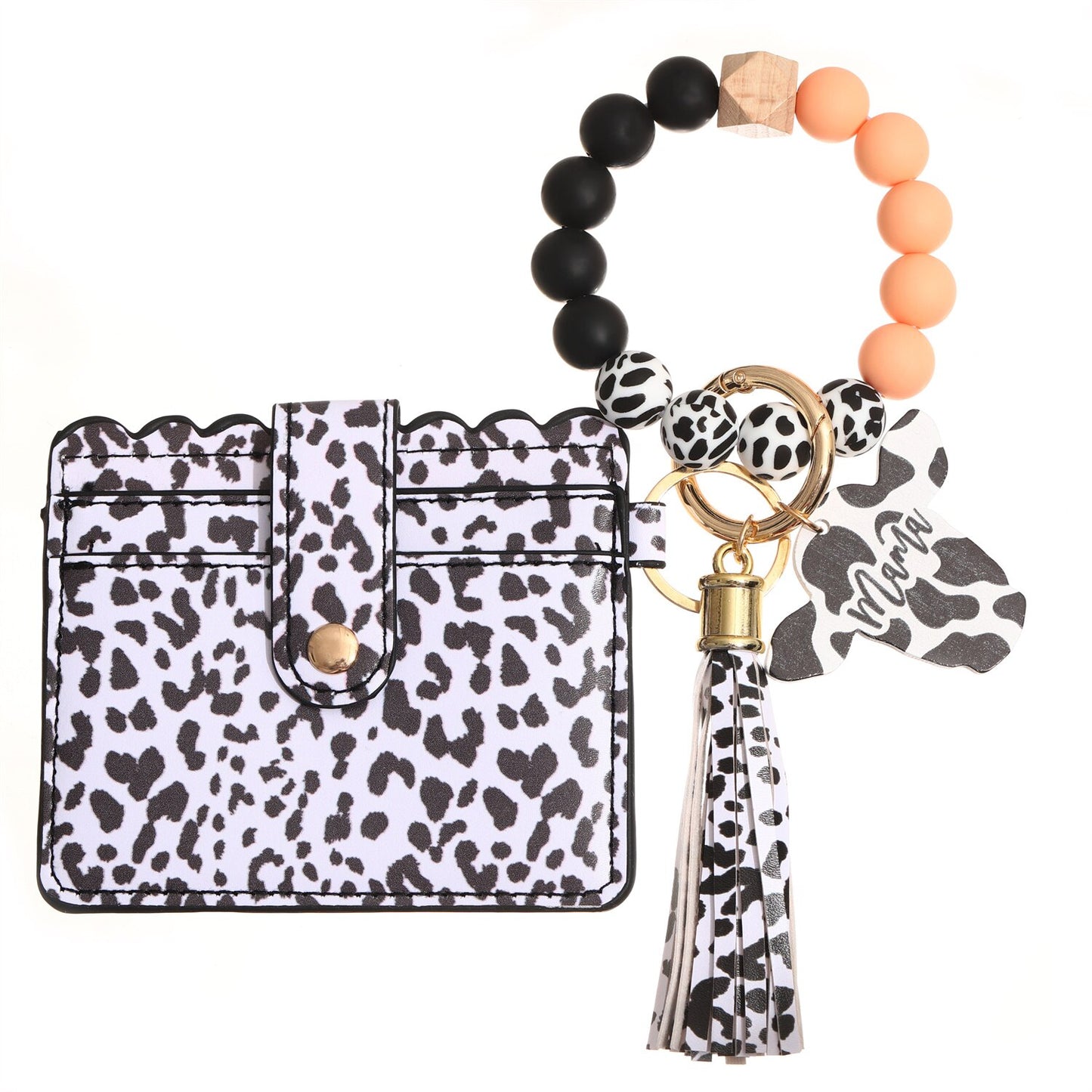 Fashion Silicone Beads Tassel Bracelet Wristlet Bangle with Leopard Print Wallet Key Card Holder Large Round Keyring for Women