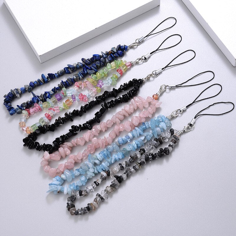 Colored Natural Stone Crushed Quartz Stone Chain Mobile Phone Chain Anti-lost Handmade Acrylic Cord Lanyard for Women Girls
