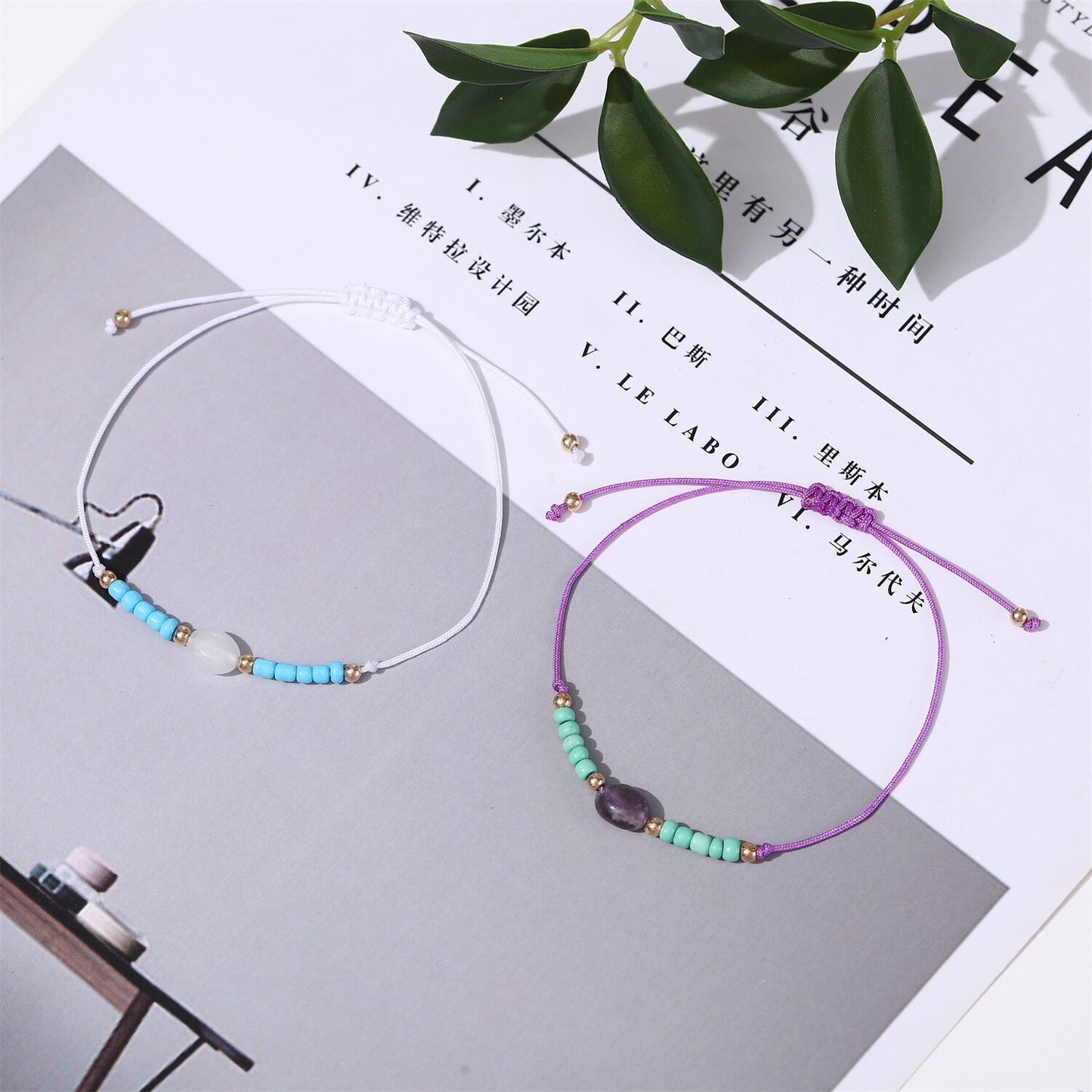 12Pcs/Lot Seed Beads Natural Stone Charms Bracelets Wish Bracelets Adjustable String Wish Bracelets Jewelry Gifts for Girls