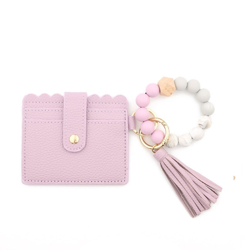 Fashion Silicone Beads Tassel Bracelet Wristlet Bangle with Wallet Key Card Holder Large Round Keyring for Women Handbag