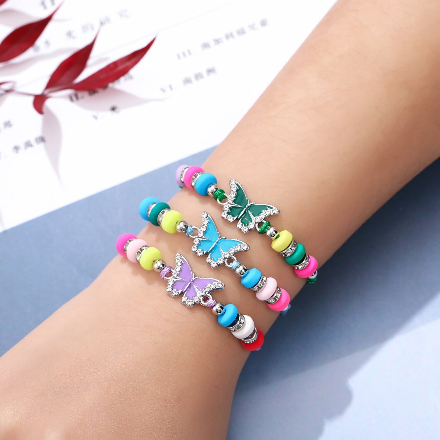 Boho Women 12pcs/Set Butterfly Pendant Charms Bracelet Candy Beaded Weave Adjustable Rope Chain Wristband Jewelry