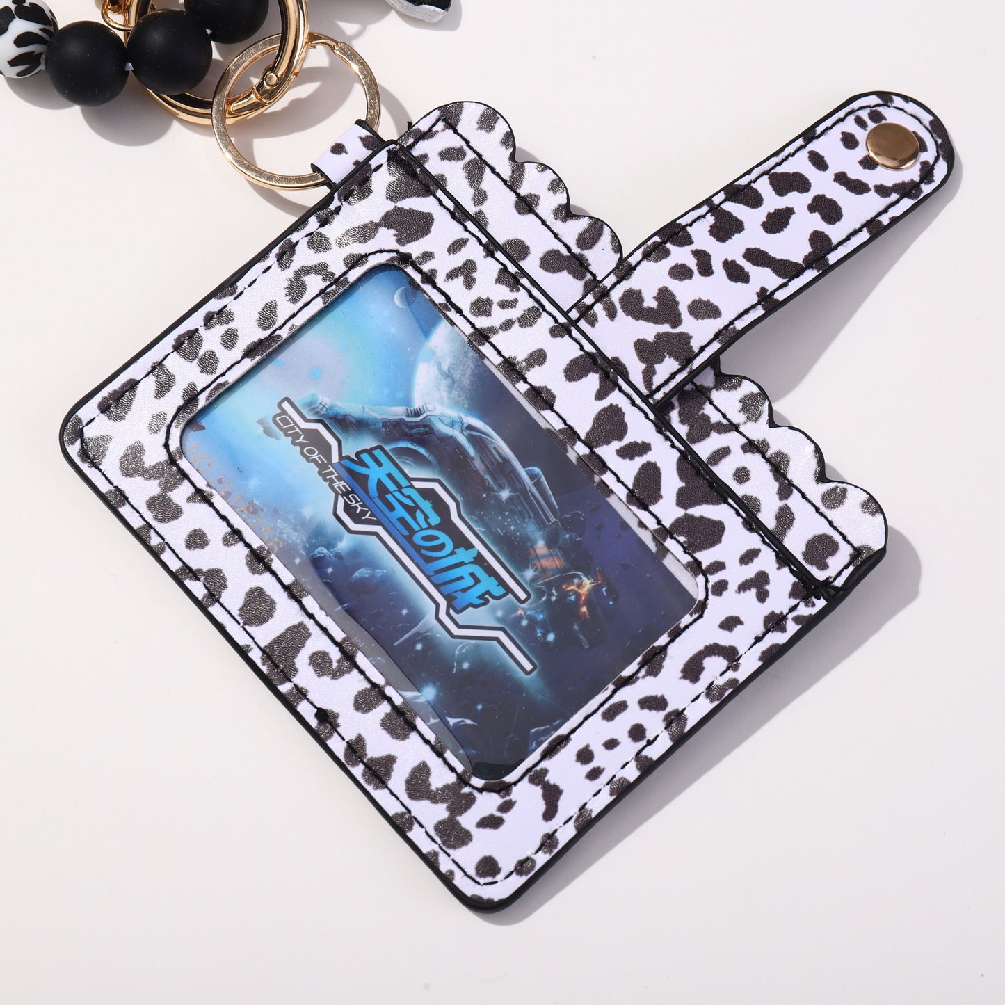 Fashion Silicone Beads Tassel Bracelet Wristlet Bangle with Leopard Print Wallet Key Card Holder Large Round Keyring for Women