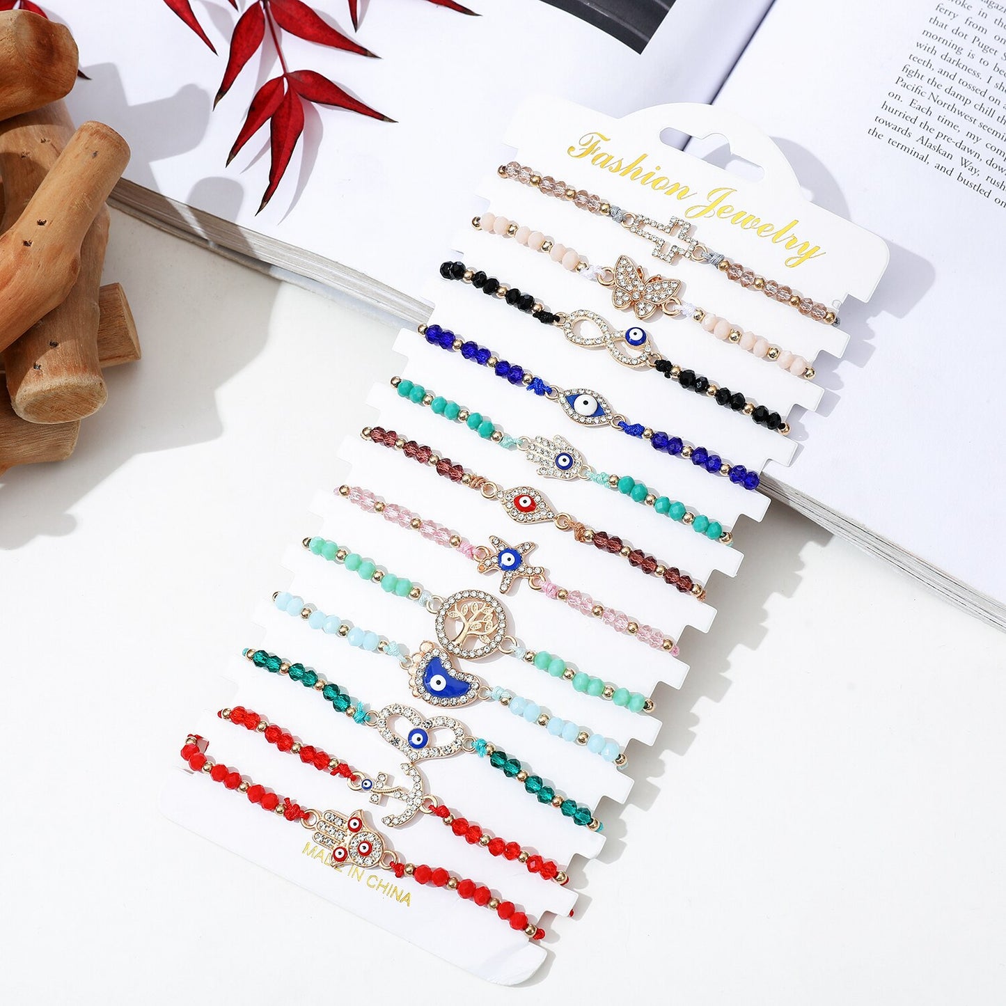 12pcs/lot Cross Knot Charms Knitted Bracelet for Women Adjustable Turkey Blue Evil Eye Crystal Beads Bracelets Anklet Jewelry