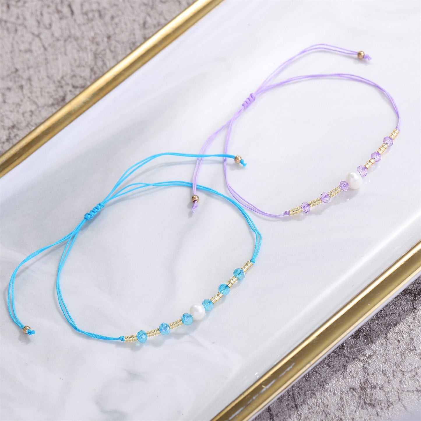 12pcs/Set Pearl Charms Braided Bracelets for Women Crystal Beads Adjustable Rope Chain Anklets Beach Handmade Jewelry