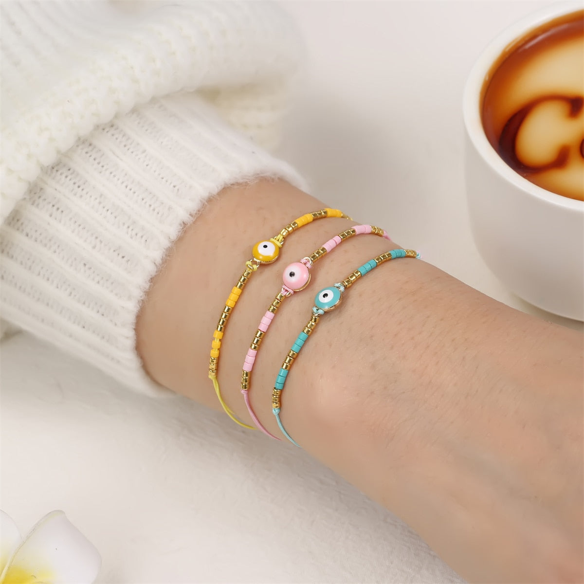 12pcs/lot Seed Beaded Evil Eye Charms Bracelets for Women Men Adjustable Handwoven Bracelet Anklets Jewelry