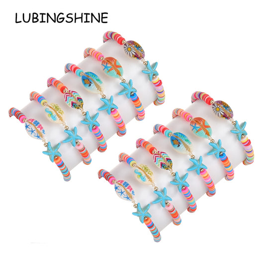 12 Pcs Beach Shell Starfish Pendant Bracelet Anklet for Women Summer Handmade Ankle Adjustable Clay Stackable Wholesale
