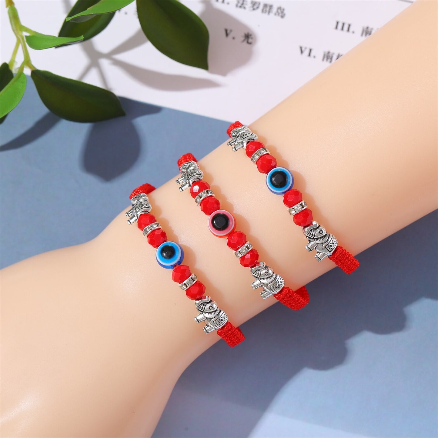 12pcs Handmade Thick Lucky Red Rope Braided Bracelet Evil Eye Bead Elephant Pendant Adjustable Bracelets for Women Men