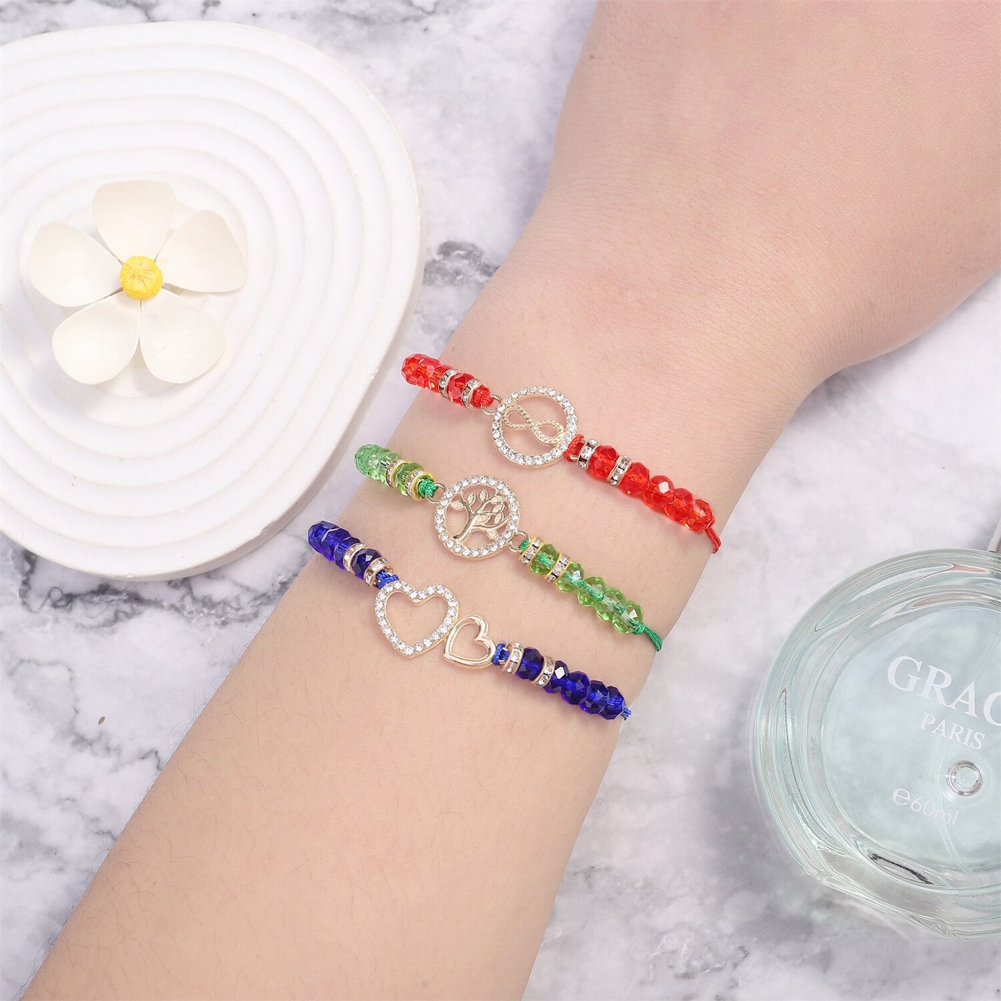12 Pieces Crystal Tree of Life Infinite Love Charms Bracelet for Women Adjustable Hand Woven Heart Bracelets Anklets Jewelry