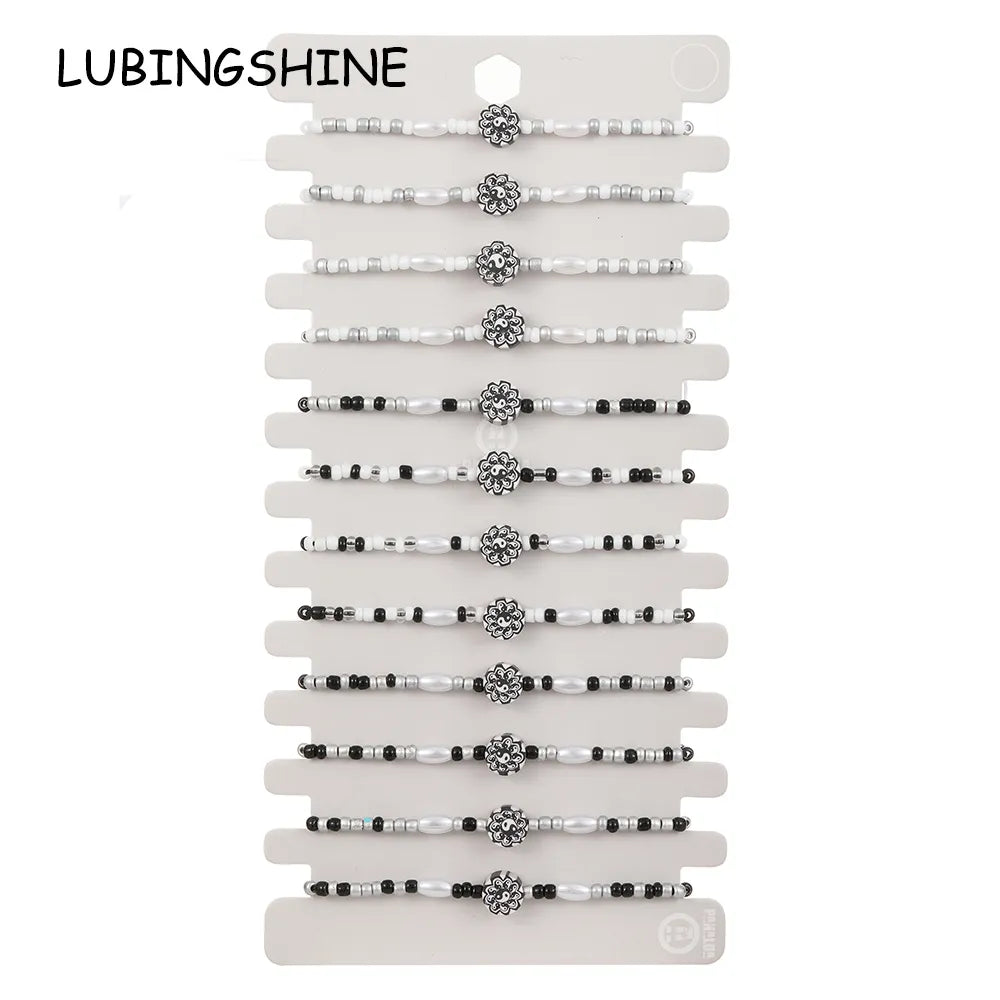 12pcs Crystal Beaded Yin and Yang Tai Chi Pendant Flowers Bracelet for Men Women Adjustable Couple Bracelets Anklets