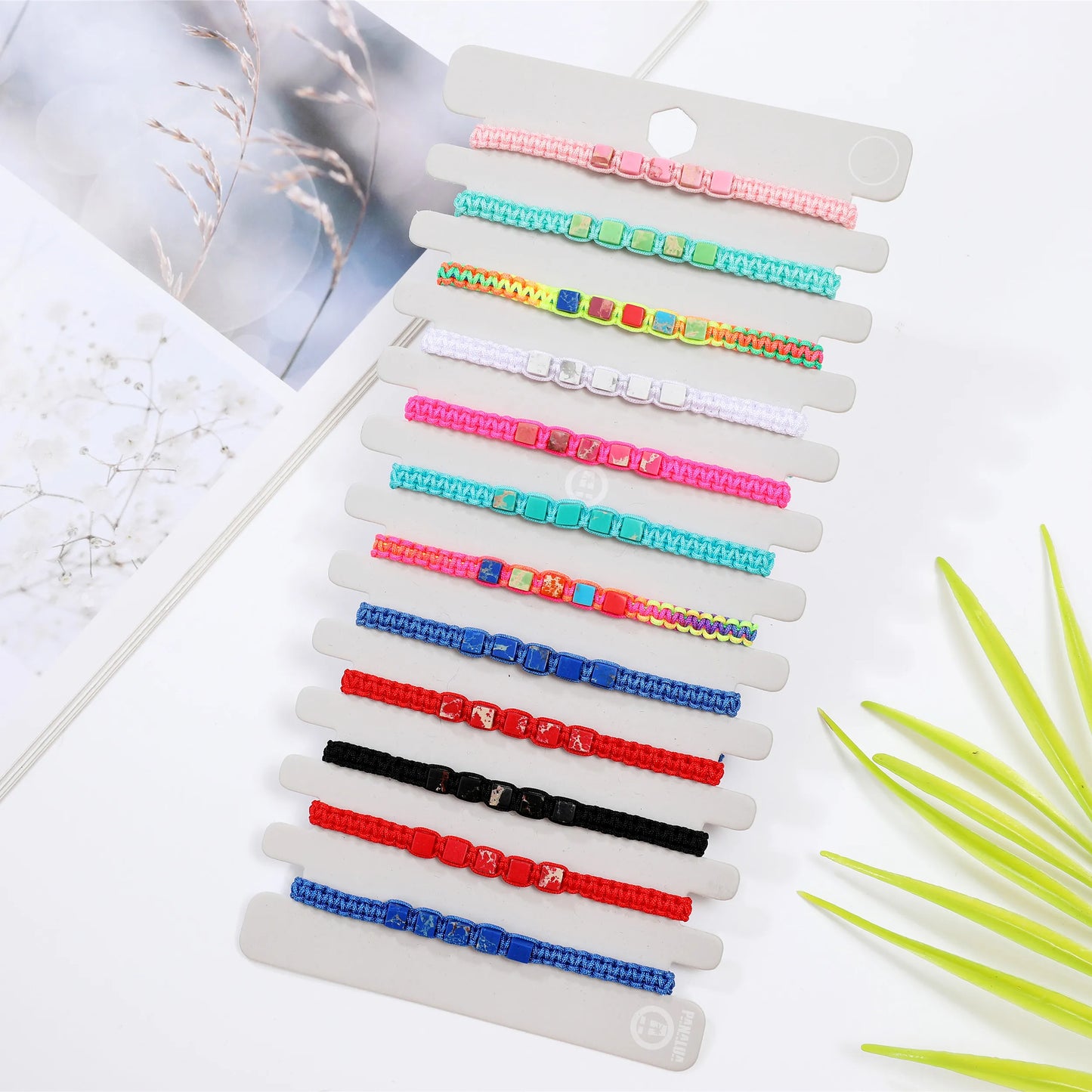 Boho 12pcs Small Square Natural Stone Pendant Bracelet String Handwoven Friendship Bracelet Charm Bracelet Bangles Jewelry