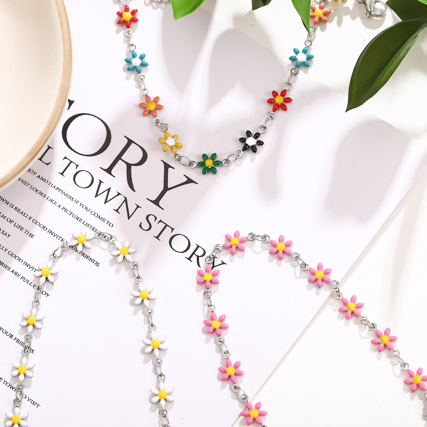 Stainless Steel Color Drip Blossom Flower Pendant Bracelet Aesthetic Jewelry for Women Minimalist Adjustable Chain Bangle Ankles