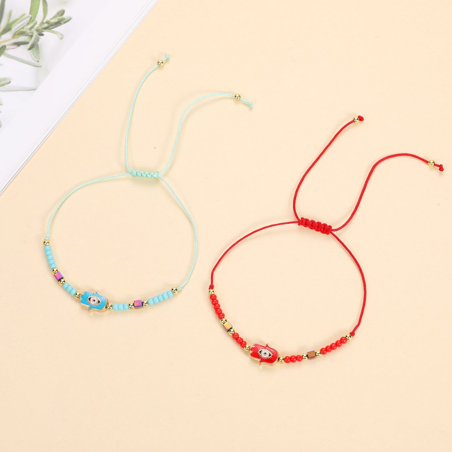 12pcs Color Oil Painting Fatima Hand Evil Eye Braided Bracelets for Women Child Adjustable Rope Chain Anklets Handmade Jewelry