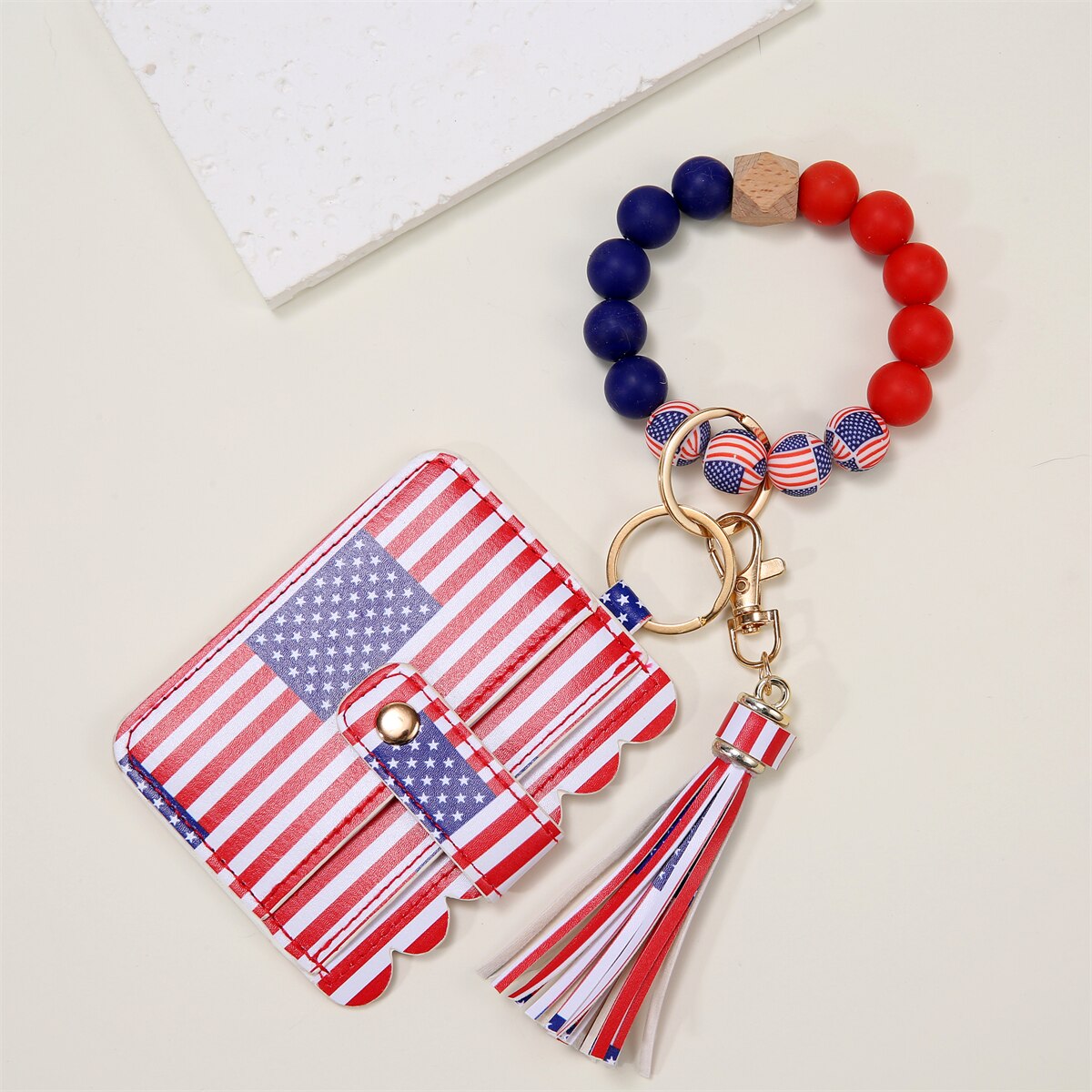 American Flag Wristlet Bracelet Keychain Wallet for Women Credit Card Holder Tassel Keyring Bangle Lipstick Holder