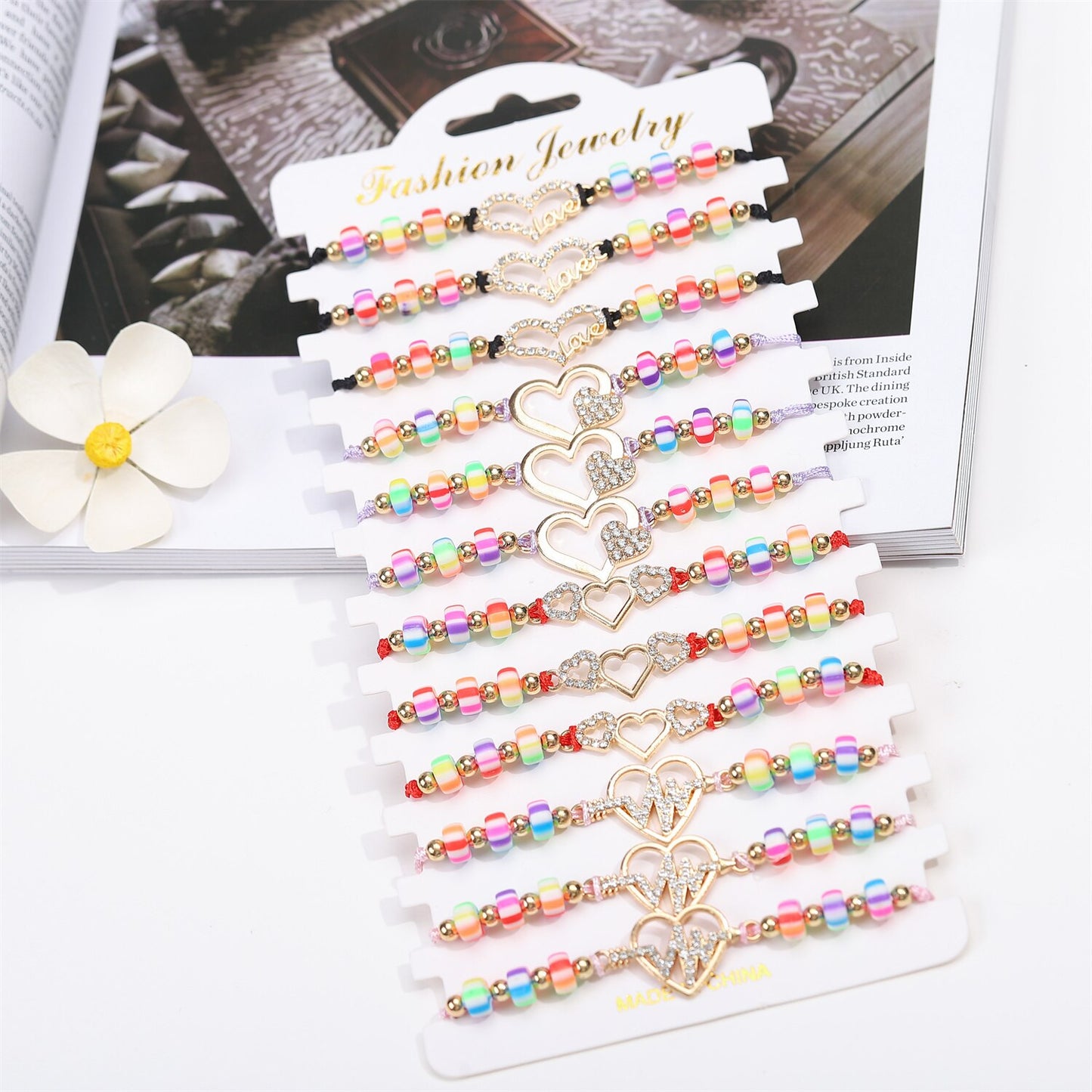 12pcs/set Candy Color Acrylic Beads Heart Charm Adjustable Bracelets Set for Women Braided Rope Wristband Yoga Anklet Jewelry