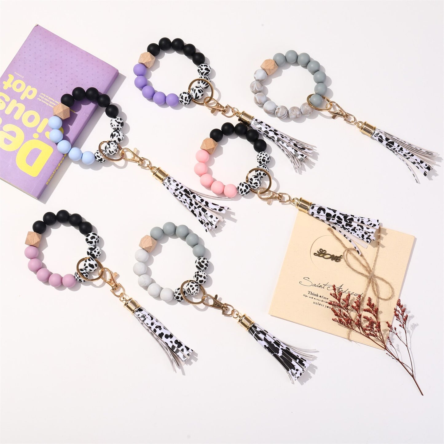 Trendy Silicone Beads Bracelets Bangles with Key Chain Candy Color Large Wristband Cuffs Beaded Bangle for Women