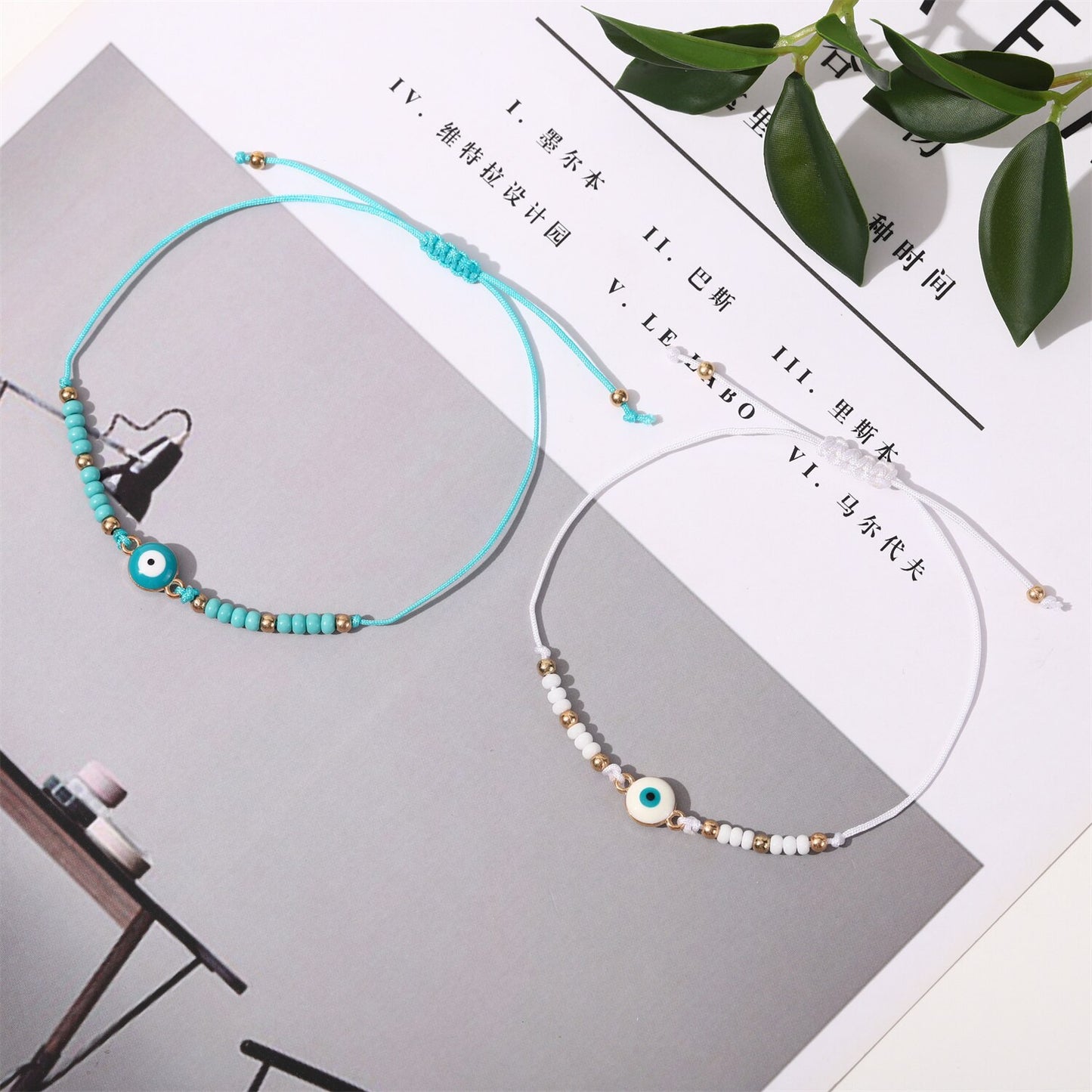 12pcs/lot Metal Dripping Oil Evil Eye Beads Charms Bracelet for Women Adjustable Woven Crystal Chain Summer Anklet Jewelry