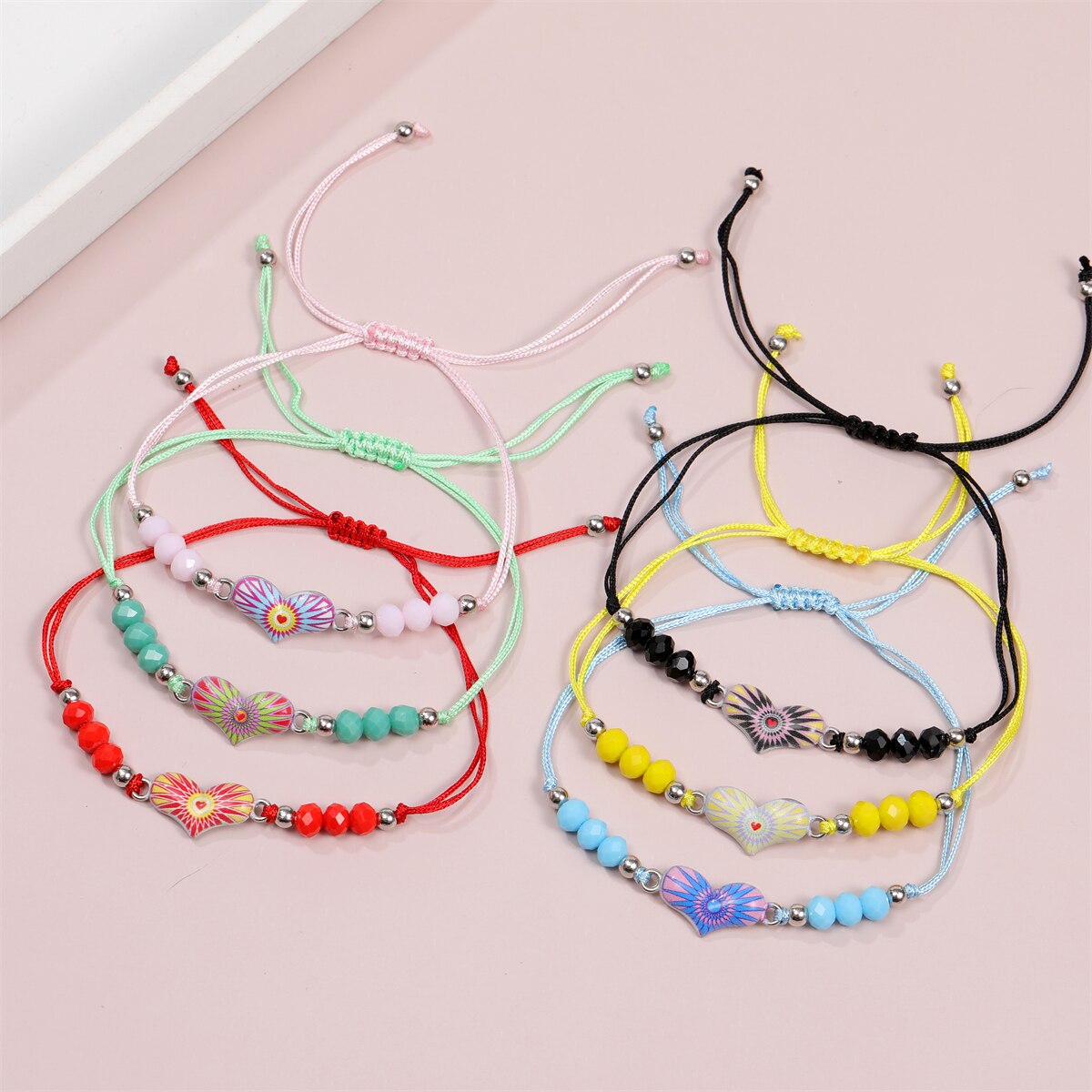 Enamel Charms Elastic Heart Pendant Bracelet for Women Adjustable Braided Rope Chain Crystal Bead Wristband Bracelet Jewelry