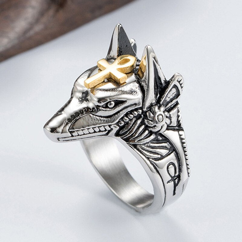 Women Men Punk Anubis Egyptian Cross Beast Finger Ring Stainless Steel Vintage Wolf Knuckle Rings Fashion Jewelry Gift Anel