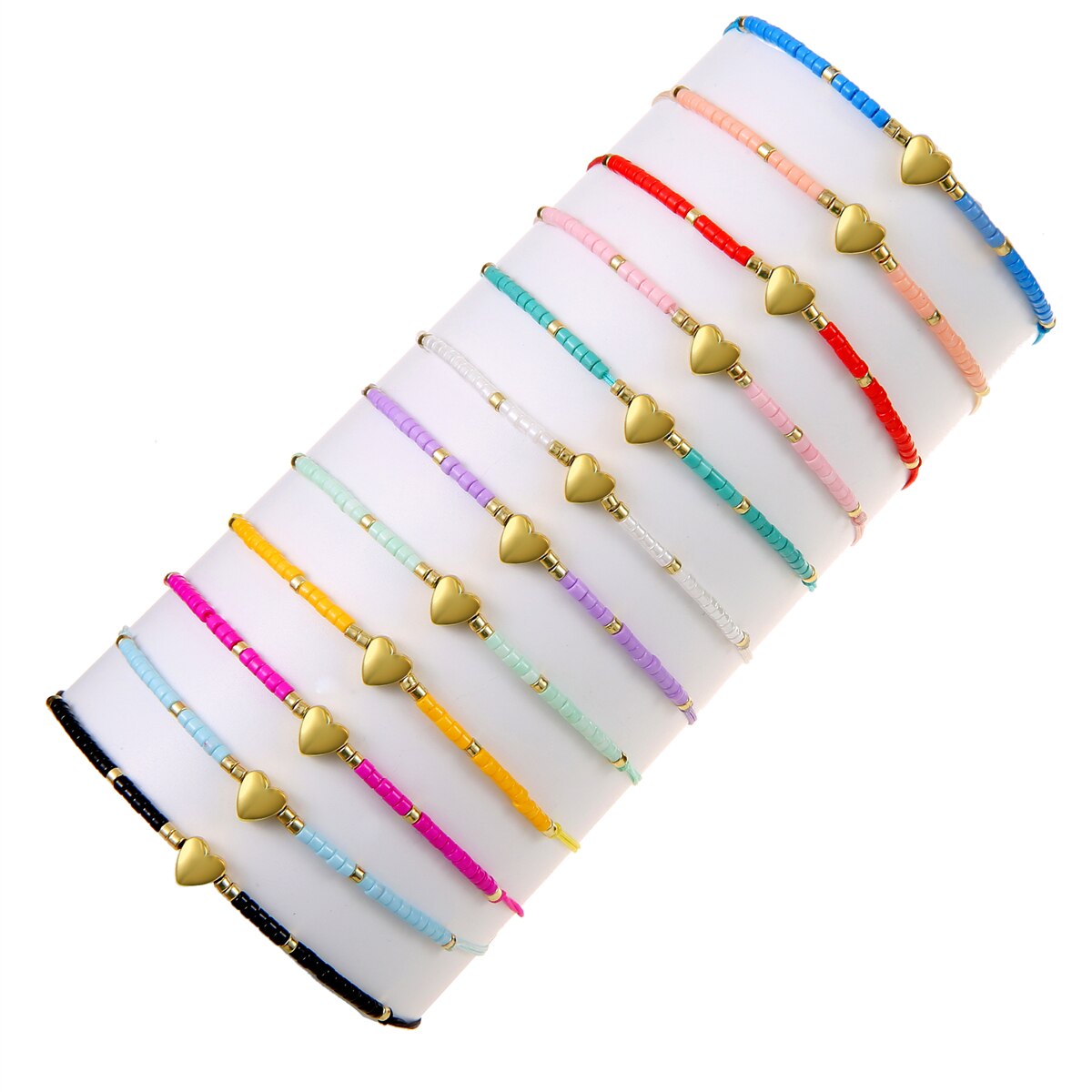12pcs Plated Gold Heart Charm Bracelet Set for Women Fashion Woven Rope Seed Beaded Bracelet Handmade Jewelry Accessories