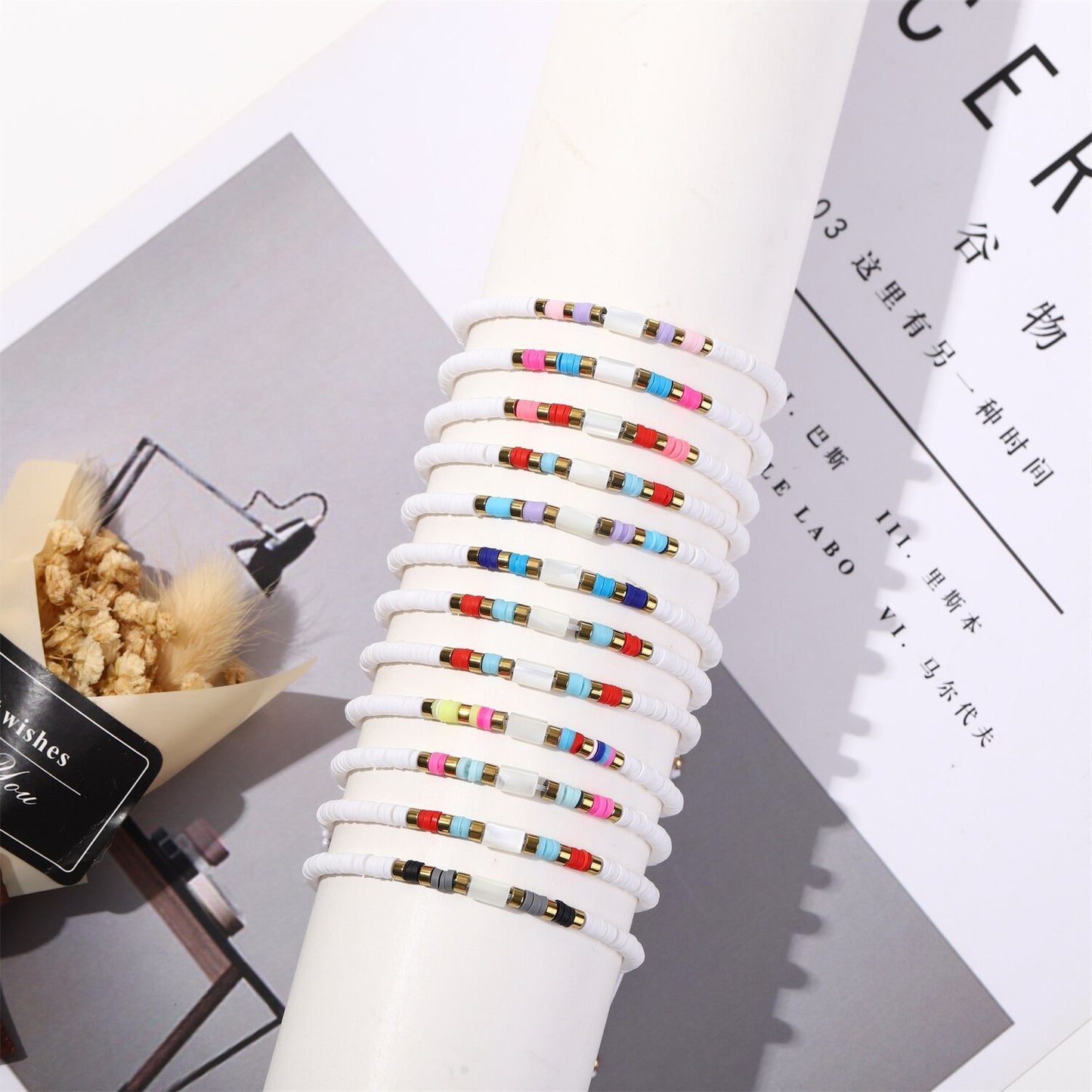 12pcs Smoky Shell Beads Stackable Bracelet Polymer Beaded Stretch Bracelet Bohemia Aesthetic Summer Beach Jewelry for Women