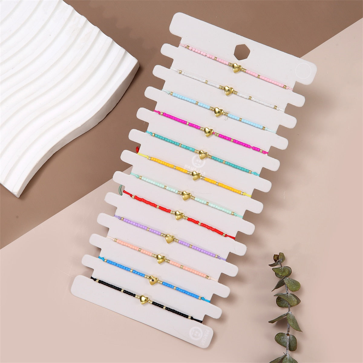 12pcs Plated Gold Heart Charm Bracelet Set for Women Fashion Woven Rope Seed Beaded Bracelet Handmade Jewelry Accessories