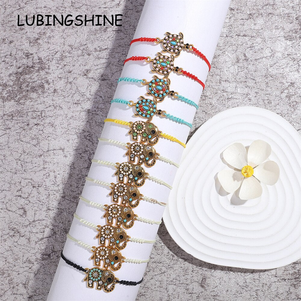 12 Pieces Tortoise Elephant Charms Bracelet Adjustable Braided Rope Chain Animal Bracelets for Women Men Birthday Gift Wholesale