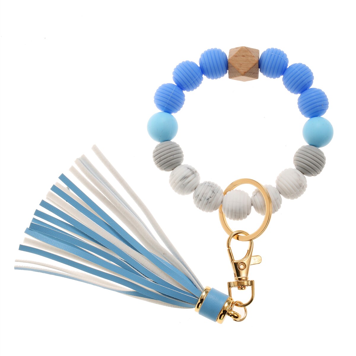 Silicone Key Ring Bracelet Wristlet Keychain Unique Beaded Bangle Key Chains for Women with Leather Tassel
