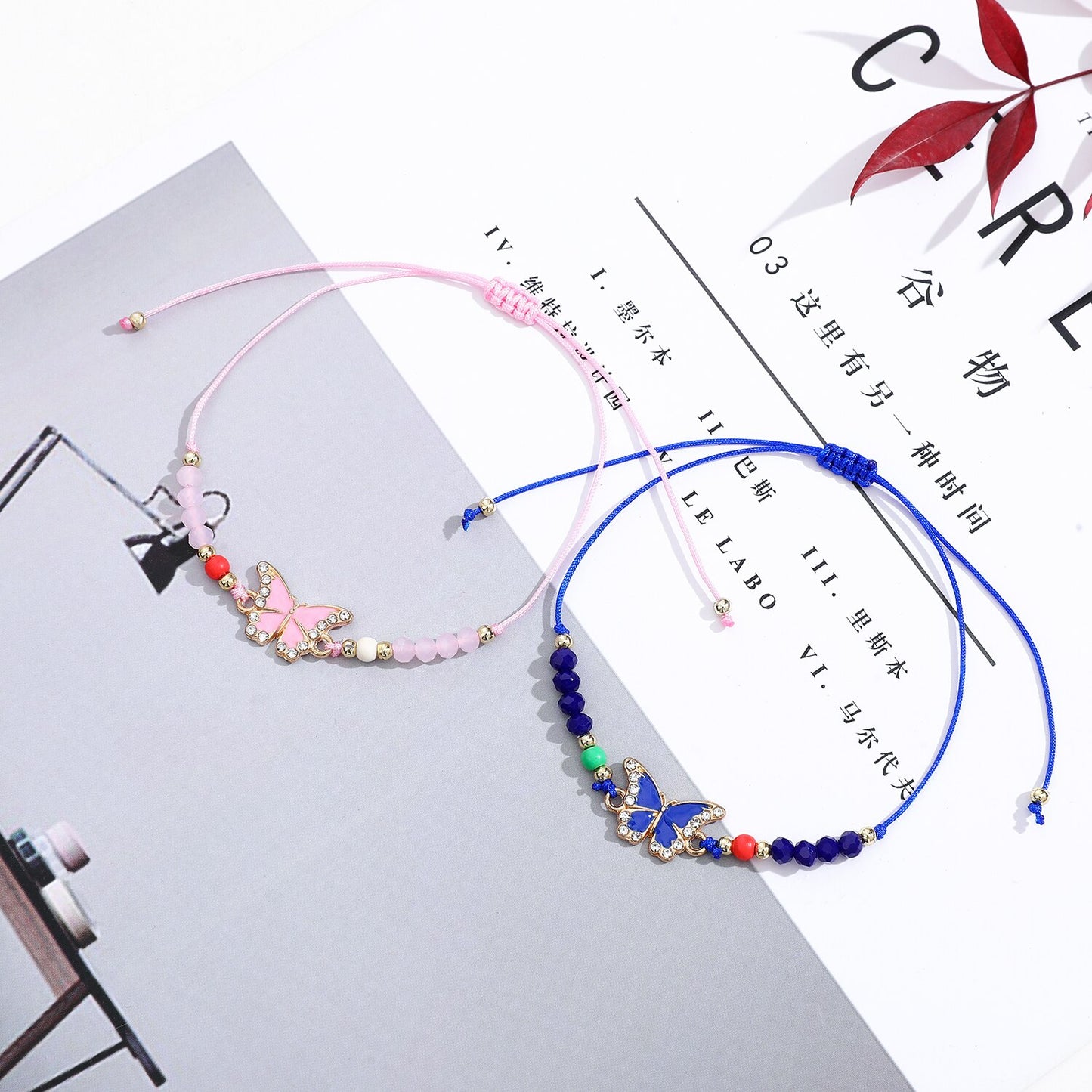 12 Pieces Colorful Crystal Beads Butterfly Pendant Charm Bracelet for Women Men Hand Woven Adjustable Chain Anklet Jewelry