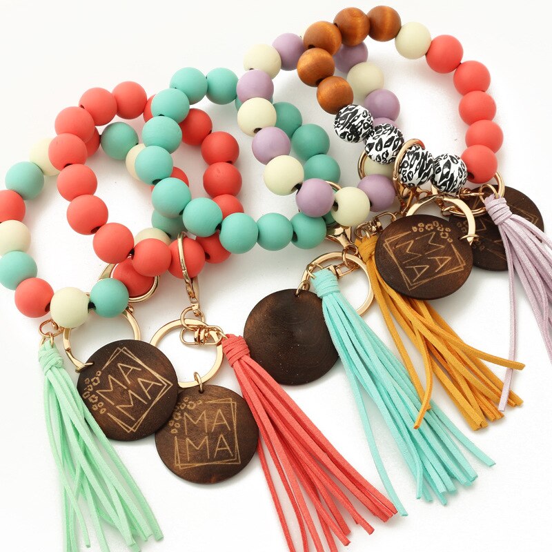 2023 New Leopard Print Wooden Bead Hand Beads Spotted Wooden Bead Bracelet Handmade Tassel Bracelets Keychain
