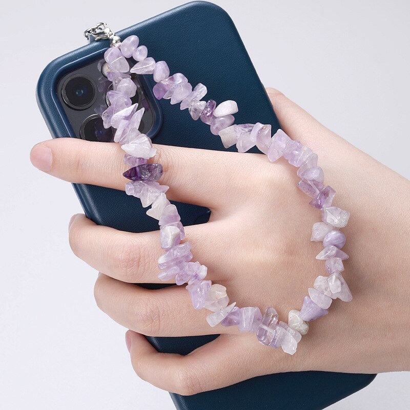 Colored Natural Stone Crushed Quartz Stone Chain Mobile Phone Chain Anti-lost Handmade Acrylic Cord Lanyard for Women Girls
