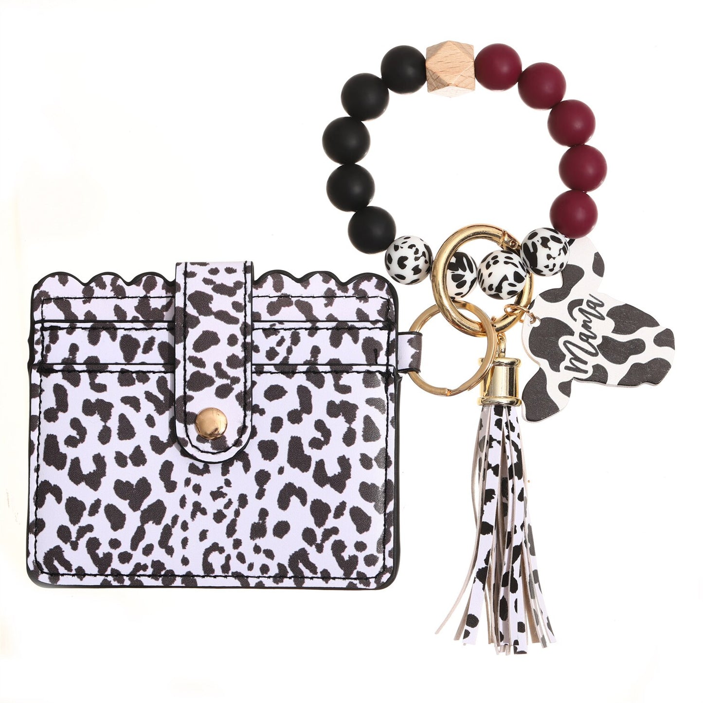 Fashion Silicone Beads Tassel Bracelet Wristlet Bangle with Leopard Print Wallet Key Card Holder Large Round Keyring for Women