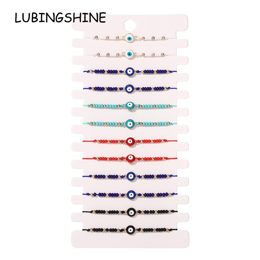 12pcs/lot Metal Dripping Oil Evil Eye Beads Charms Bracelet for Women Adjustable Woven Crystal Chain Summer Anklet Jewelry