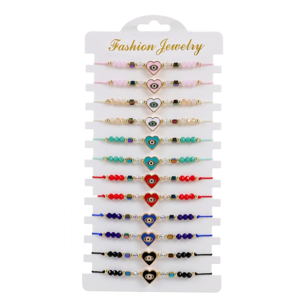 12pcs Love Heart Charms Bracelets for Women Rhinestone Beads Woven Rope Braided Evil Eye Bracelet Bangle Child Fashion Jewelry