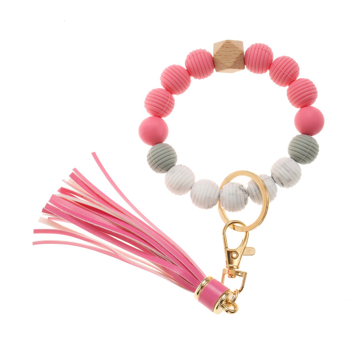 Silicone Key Ring Bracelet Wristlet Keychain Unique Beaded Bangle Key Chains for Women with Leather Tassel