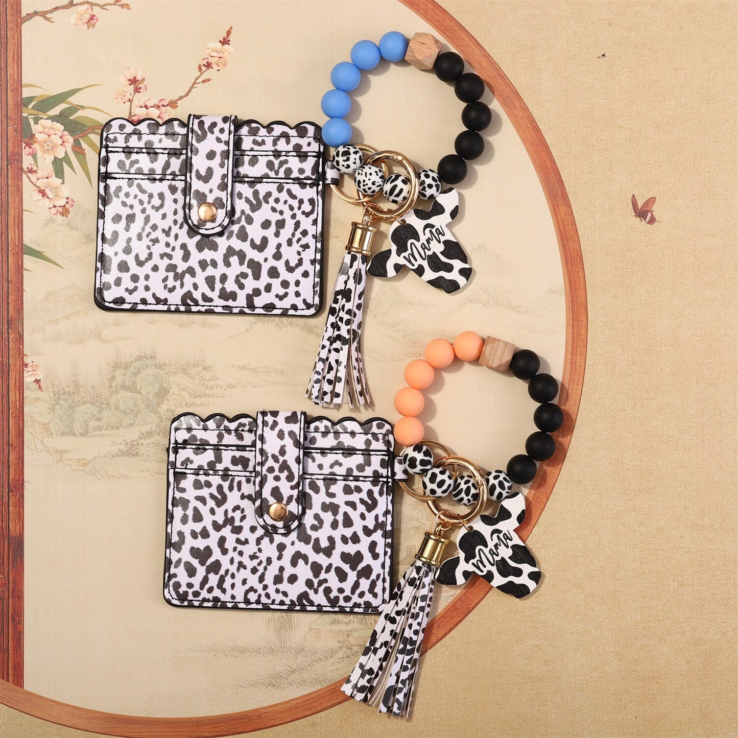 Fashion Silicone Beads Tassel Bracelet Wristlet Bangle with Leopard Print Wallet Key Card Holder Large Round Keyring for Women