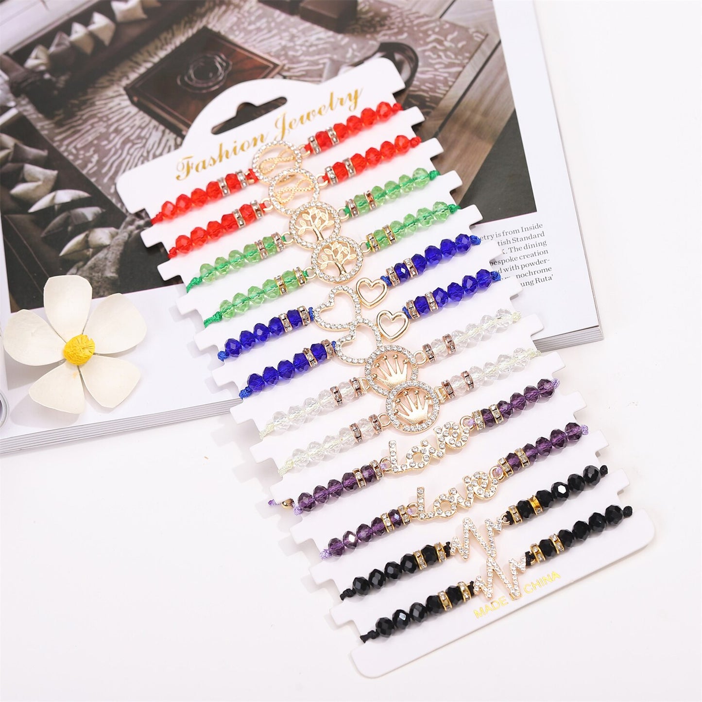 12 Pieces Crystal Tree of Life Infinite Love Charms Bracelet for Women Adjustable Hand Woven Heart Bracelets Anklets Jewelry