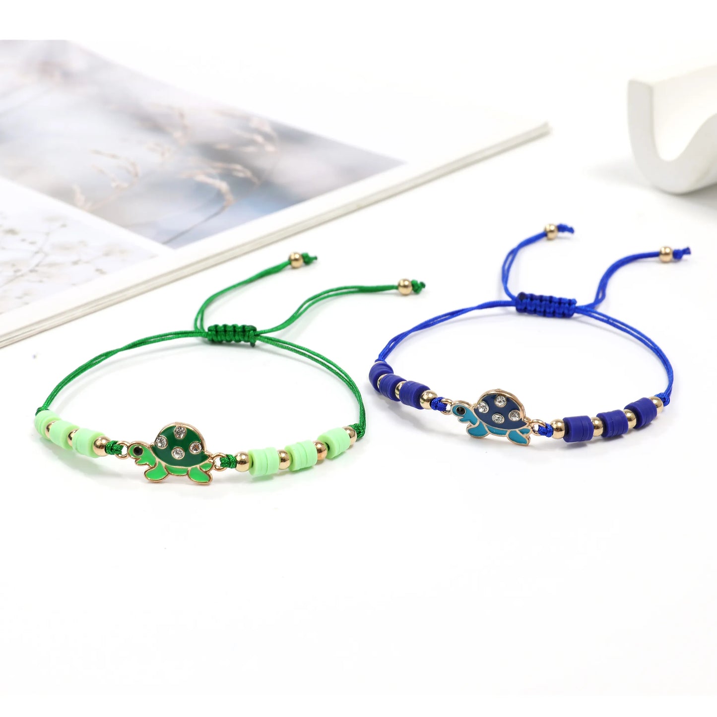 12pc/lot Handmade Woven Rope Chain Turtle Bracelet Colored Polymer Clay Tablets Adjustable Bracelets for Girls Cuff Jewelry