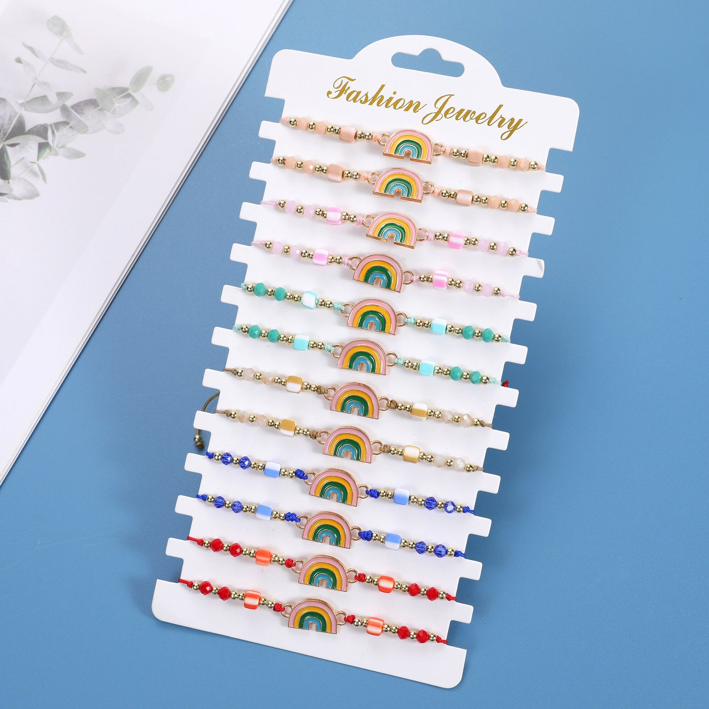 12pcs/lot Colorful Oil Drip Rainbow Pendant Braided Bracelet for Child Girl Adjustable Elastic Rope Chain Anklet Party Jewelry