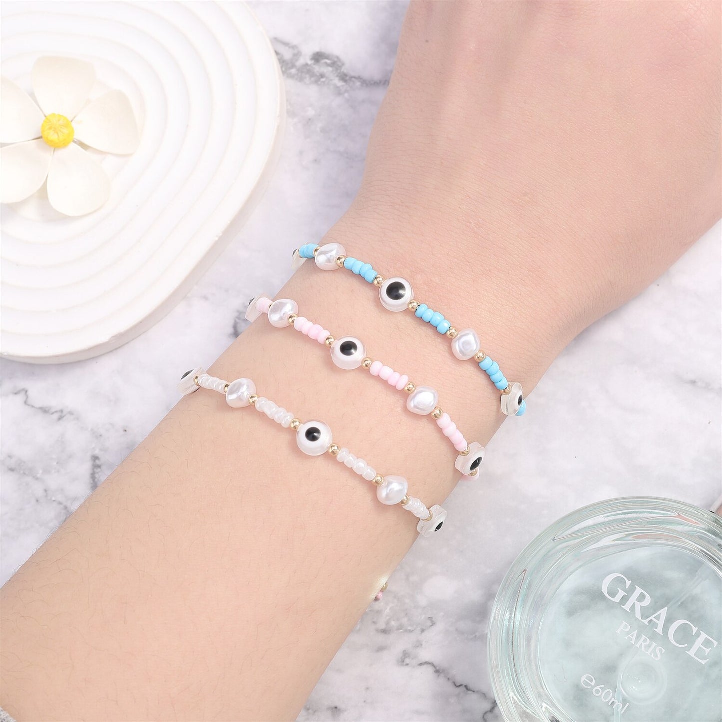 12pcs Evil Eye Pearl Charms Braided Bracelets for Women Child Seed Beads Adjustable Rope Chain Anklets Beach Handmade Jewelry