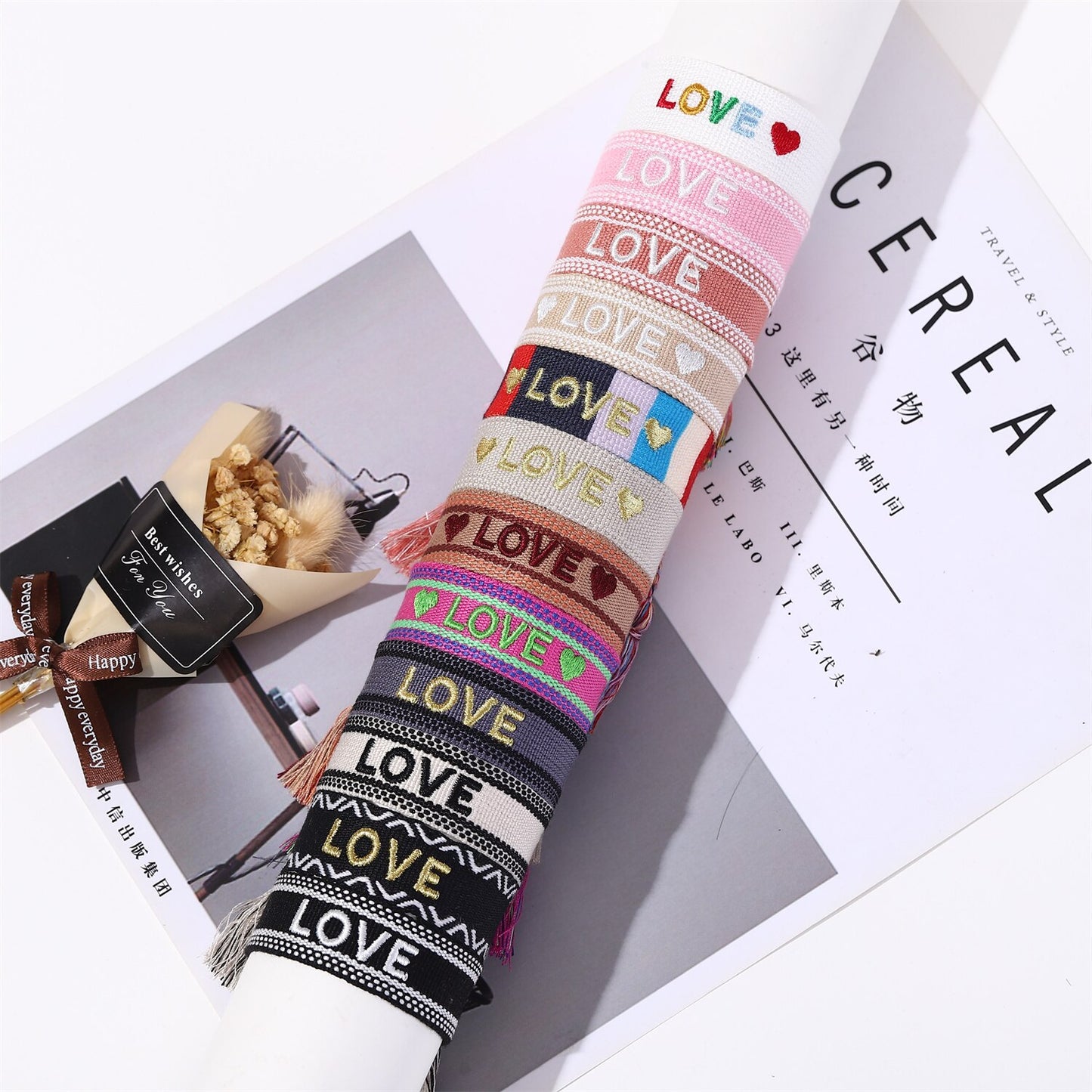 12pcs/lot Pretty Bohemia Wide Braided Bracelet Set Letter 'LOVE HAPPY' Friendship Handmade Embroidery Bracelet for Women Men